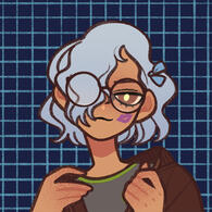 picrew of a girl with blue curly hair covering her right eye and glasses