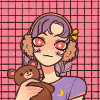 picrew of a girl with purple braids holding a stuffed bear