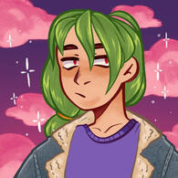 A picrew of a girl with green hair and light brown skin, wearing a purple shirt and denim jacket