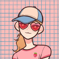 a picrew of a girl with a blonde ponytail wearing a bluebaseball cap, strawberry t-shirt, and heart shaped pink sunglasses