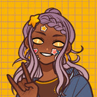 a picrew of someone with long purple hair and a blue jacket smiling and striking a cool pose