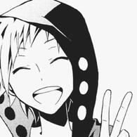 A manga panel from Kagerou Daze in which Kano Shuuya, a blonde Japanese teenager with a polka-dotted hoodie, is beaming and doing a peace sign.